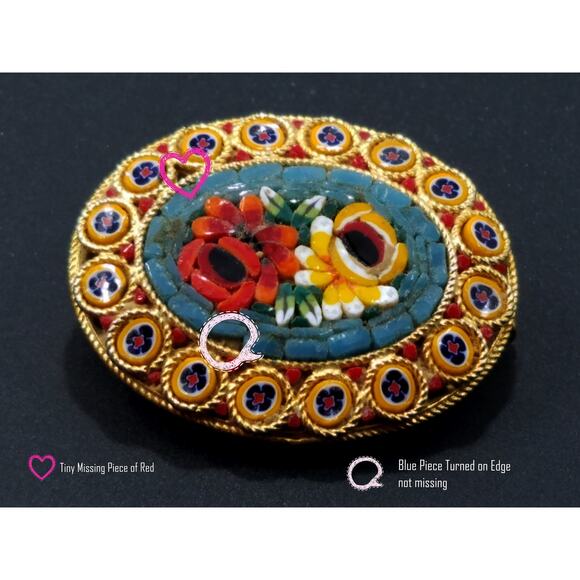 Vintage Italian Floral Micro Mosaic Oval Brooch, Murano Glass, 1950s, 1 1/2 Inch - Picture 8 of 10